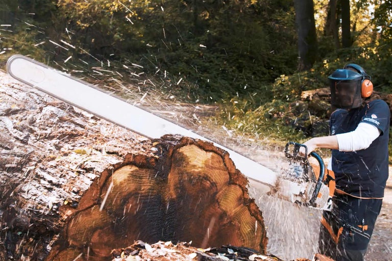 Une personne scie un tronc d'arbre avec une tronçonneuse.