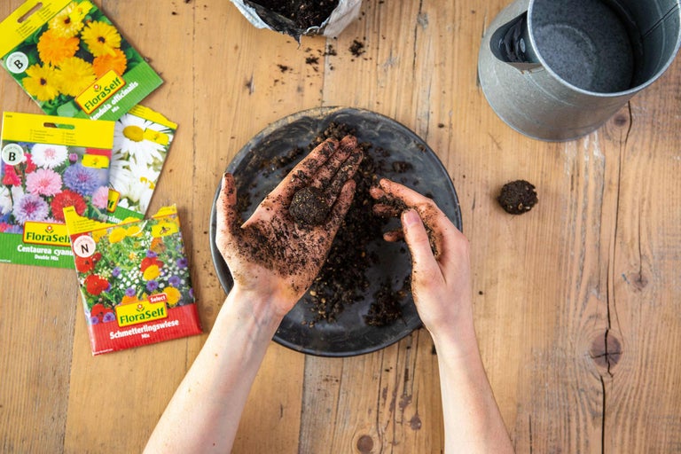 De la terreau est façonné en boule par des mains, entouré de sachets de graines et d'un arrosoir sur une table en bois.