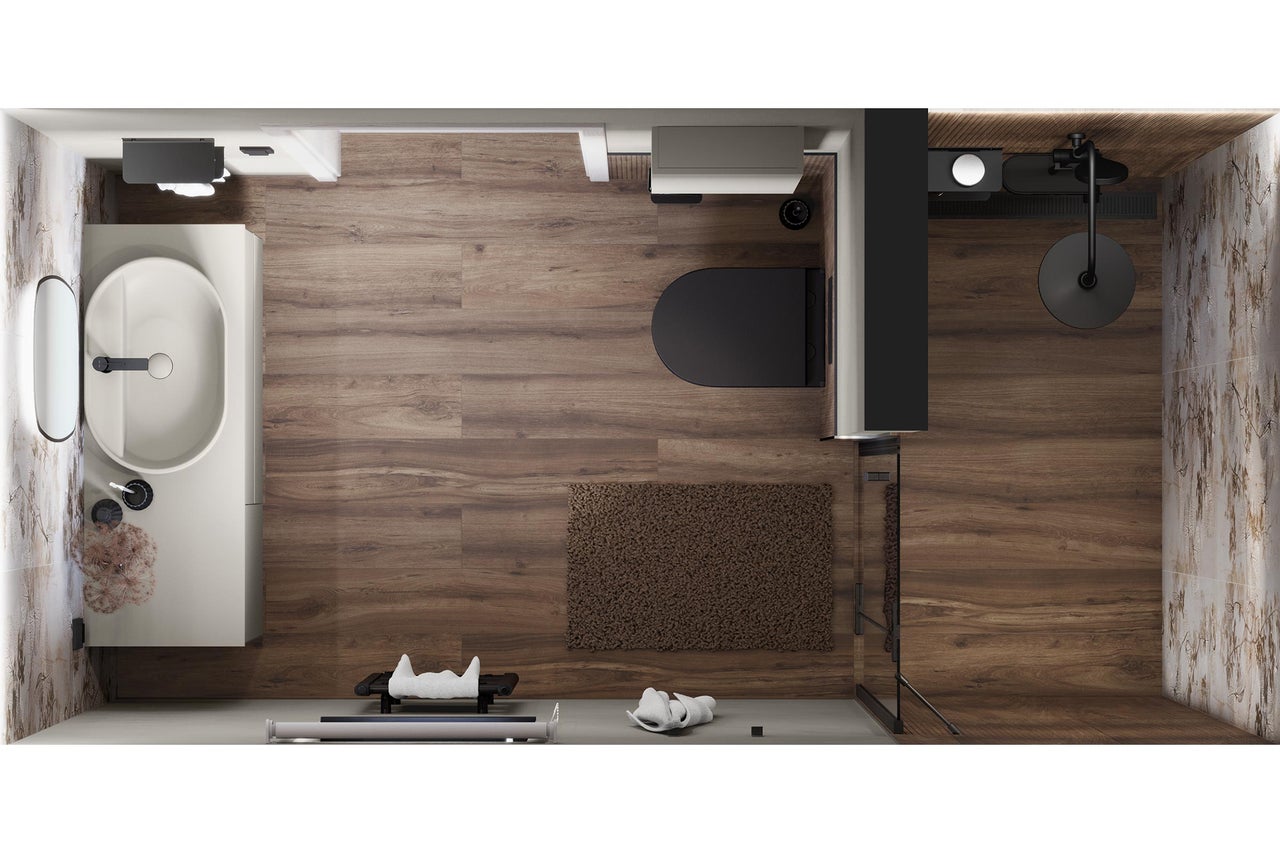 Draufsicht eines Badezimmers mit Waschbecken, Toilette, Dusche und Holzboden