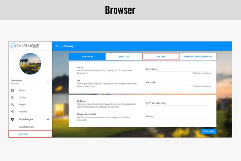 Smart Home by Hornbach Browseransicht mit Gateway Einstellungen