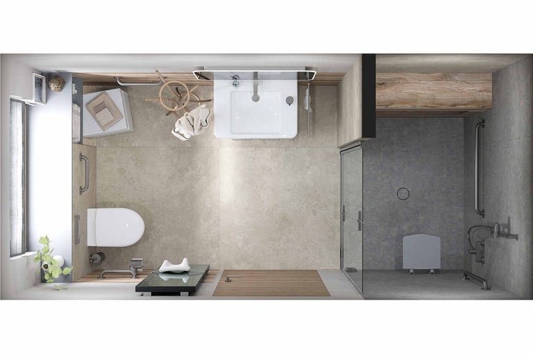 Vue de dessus d'une salle de bains accessible aux personnes à mobilité réduite avec toilettes, lavabo et douche avec barres d'appui