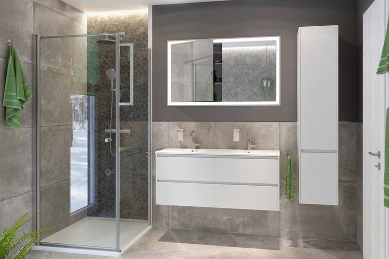 Modernes Badezimmer mit Dusche, Waschtisch, Spiegel und Hochschrank.