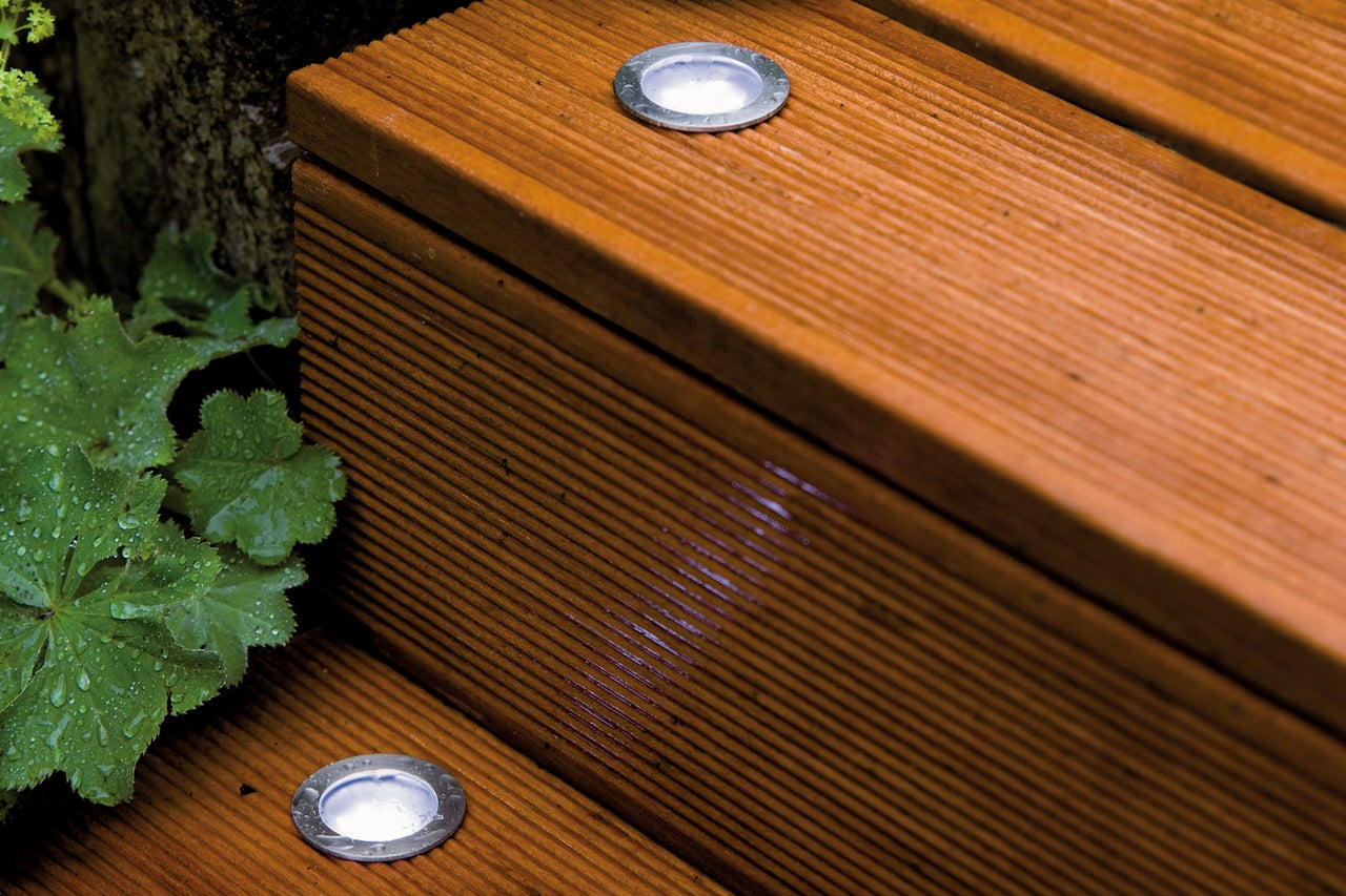 Gros plan d'un escalier en bois avec des lumières encastrées et des plantes