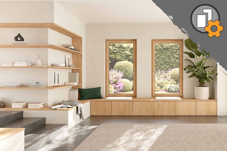 Espace de vie lumineux avec des étagères en bois, des fenêtres donnant sur le jardin et un tapis beige