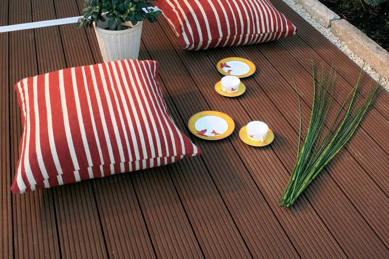 Lames de terrasse avec coussins, vaisselle et plante