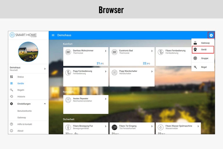 Smart Home App Benutzeroberfläche mit Geräteauswahl