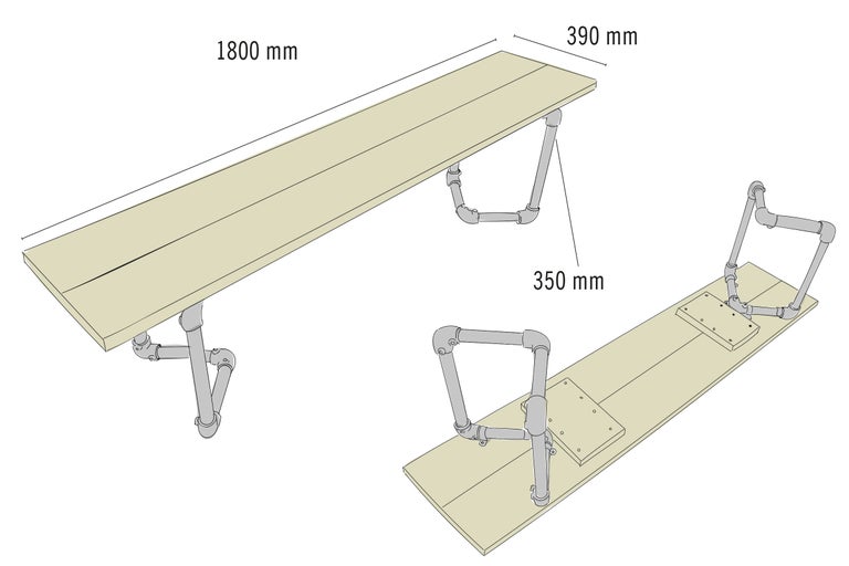 Table avec des tuyaux comme pieds de table, dimensions : 1 800 mm x 390 mm x 350 mm