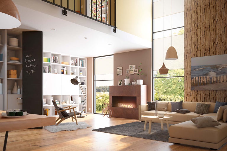 Salon avec étagères, cheminée et canapé dans un design moderne