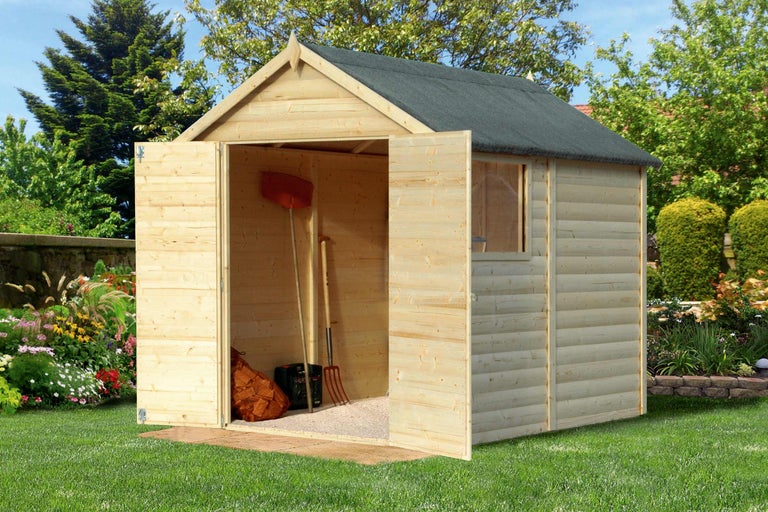 Abri de jardin en bois avec portes ouvertes et outils de jardin à l'intérieur