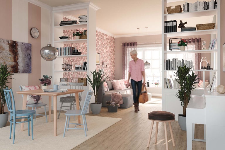 Helles Wohnzimmer mit Esstisch, Stühlen, Regalen und dekorativen Elementen.
