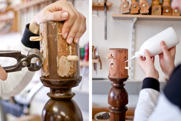 Reparatur eines Holzgegenstandes mit Holzdübeln und Zange