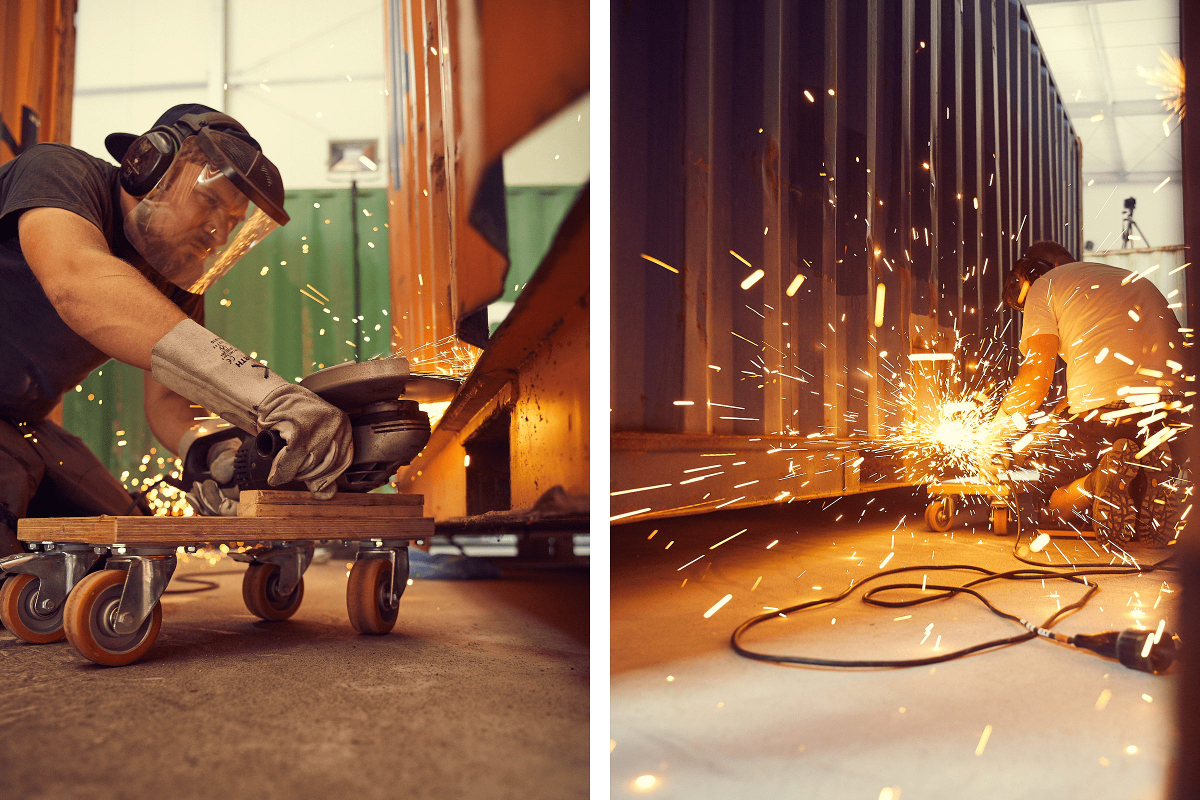 Arbeiter mit Winkelschleifer beim Schneiden von Metall mit Schutzkleidung
