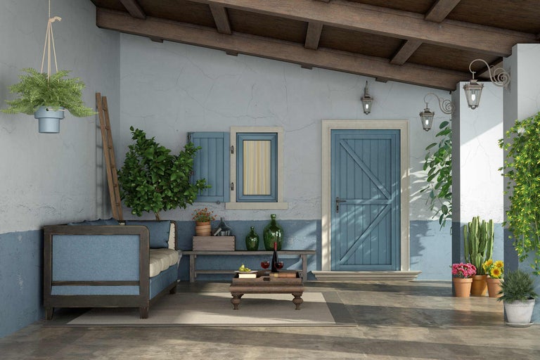 Terrasse décorative avec des sièges, des plantes et une ambiance rustique
