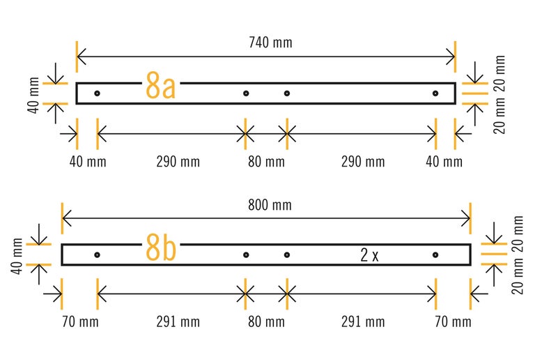 Schéma avec cotes pour deux tasseaux en bois, longueur 740 millimètres et 800 millimètres