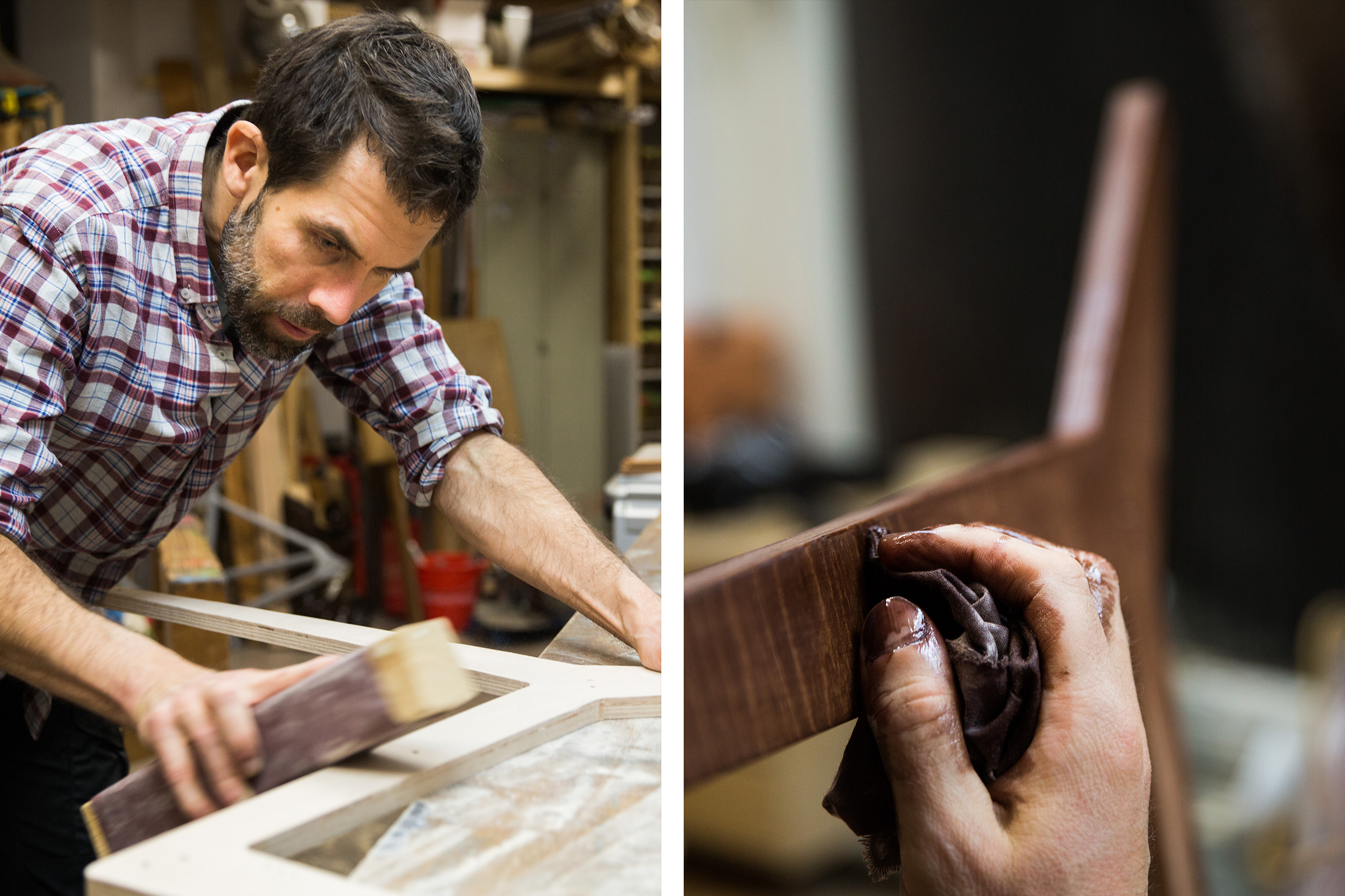 Artisan ponçant et traitant des meubles en bois