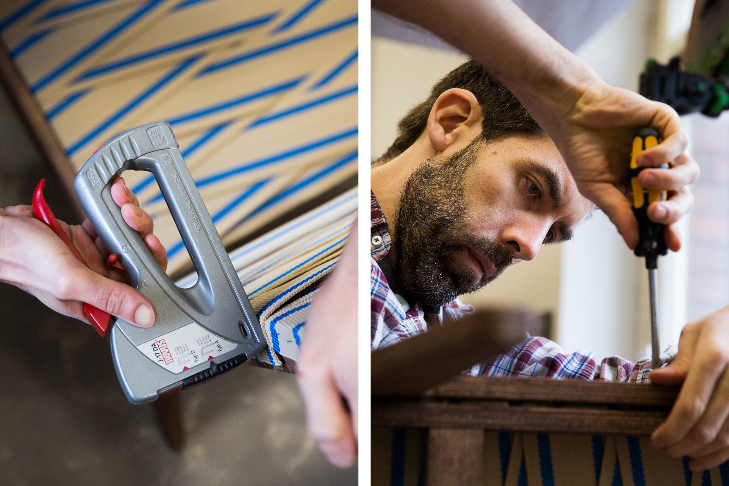 Un artisan fixe un rembourrage avec une agrafeuse et un tournevis