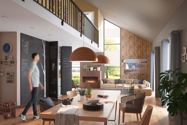 Salon lumineux avec table à manger, canapé, cheminée et décoration murale.