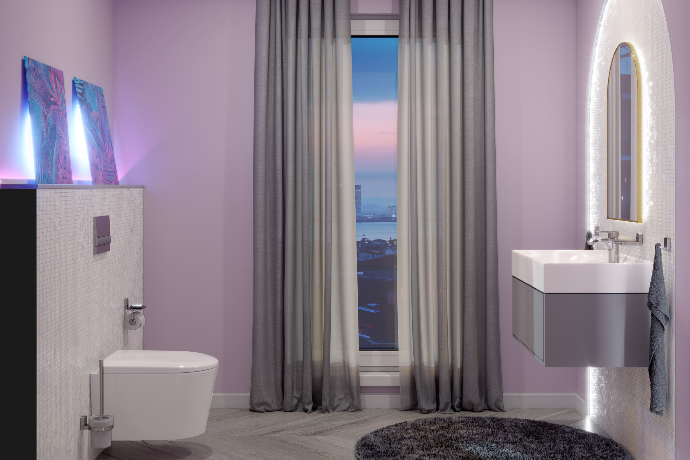 Salle de bain moderne avec WC, lavabo et miroir