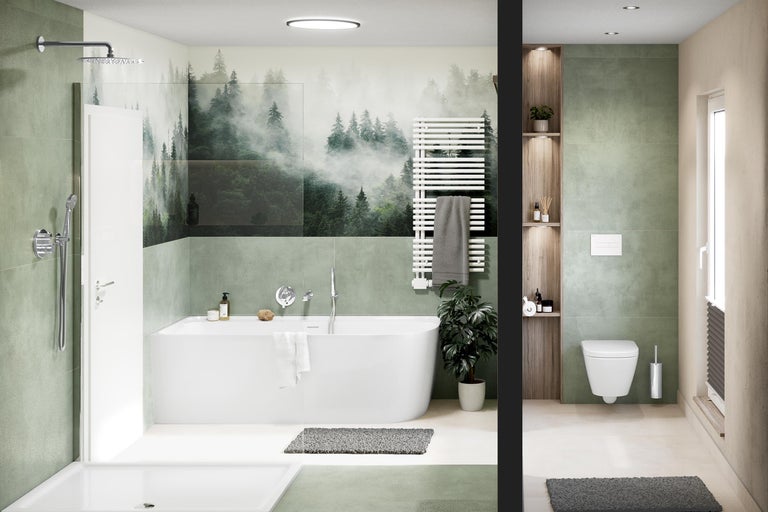 Modernes Badezimmer mit Dusche, Badewanne, Heizkörper und WC.