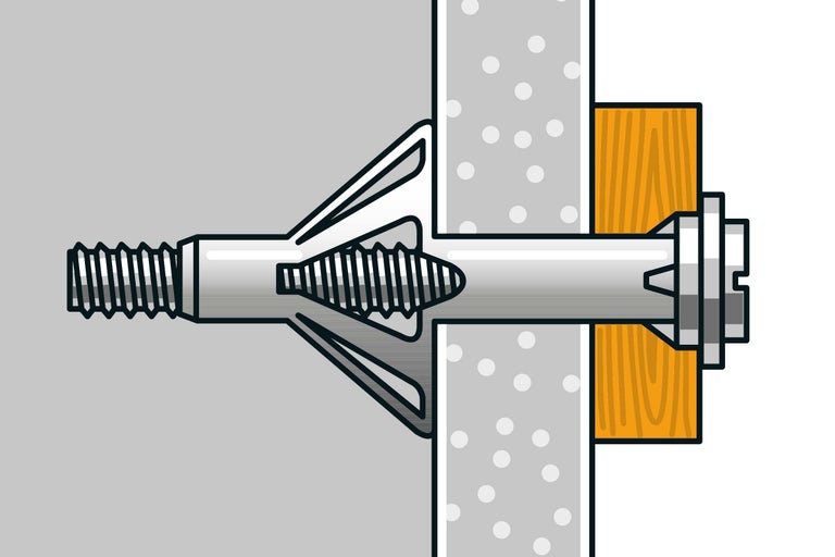 Illustration eines Dübels in einer Wand und einem Holzstück