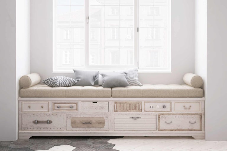 Banquette de fenêtre avec rangement, coussin d'assise et coussins