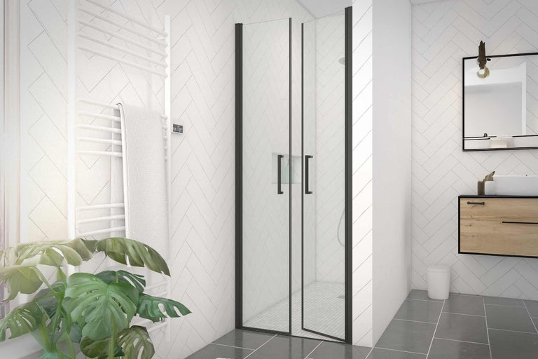 Badezimmer mit Dusche, Waschbeckenunterschrank und Heizkörper