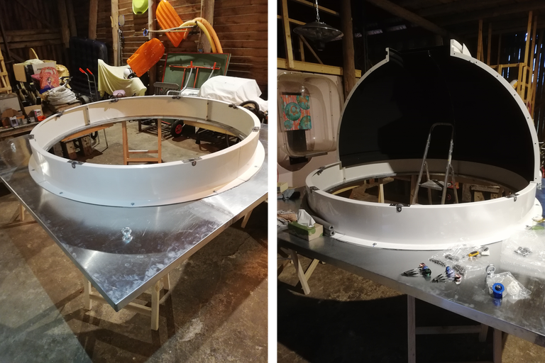 Halbkuppel-Bausatz auf einem Metalltisch mit Zubehör