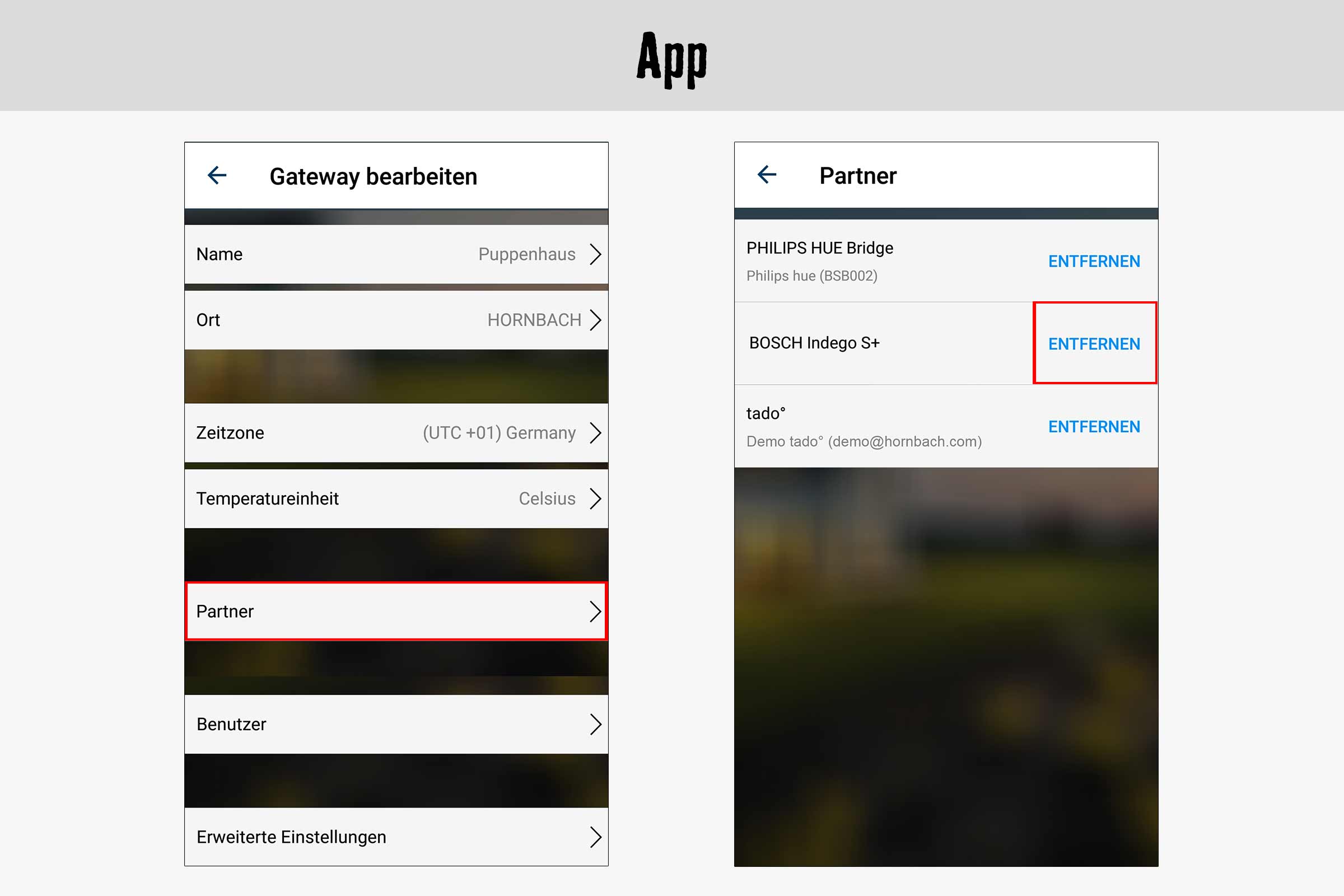 Vue de l'application pour modifier les paramètres de la passerelle et du partenaire
