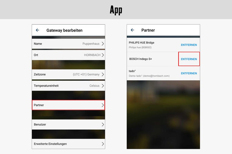 App-Ansicht zur Bearbeitung von Gateway- und Partner-Einstellungen