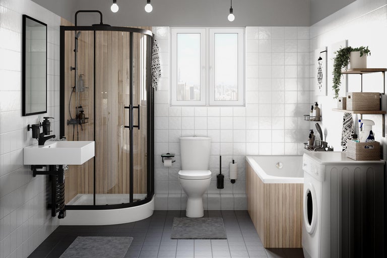 Salle de bain moderne avec douche, lavabo, toilettes, baignoire et lave-linge