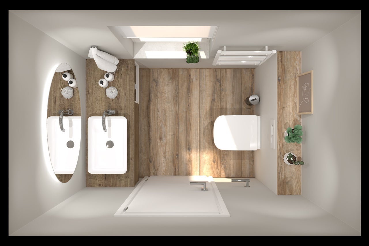 Draufsicht eines modernen Badezimmers mit Holzfußboden, weißem Waschtisch, rundem Lichtspiegel, WC und flacher Duschwanne.