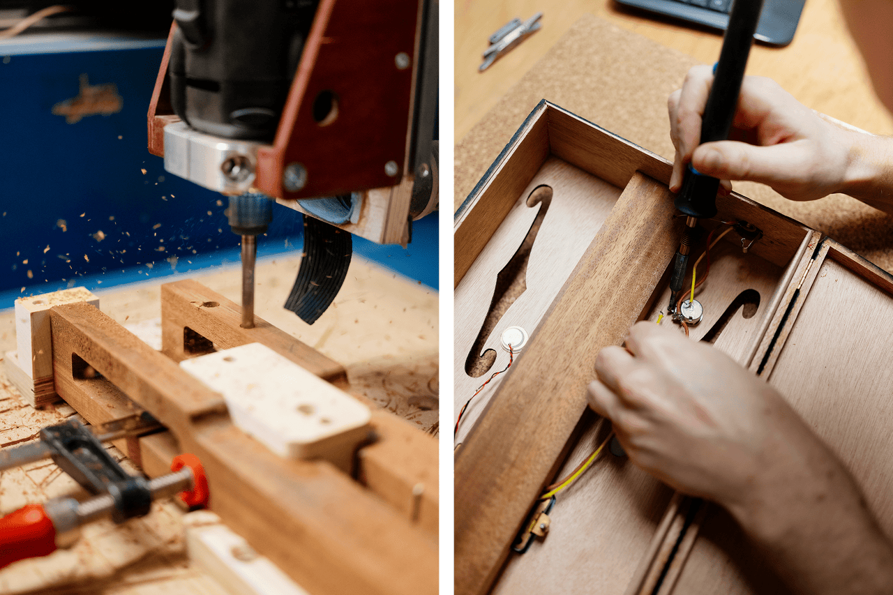 Deux images montrent le travail du bois: une fraiseuse CNC en action et des travaux de soudure sur une caisse en bois.