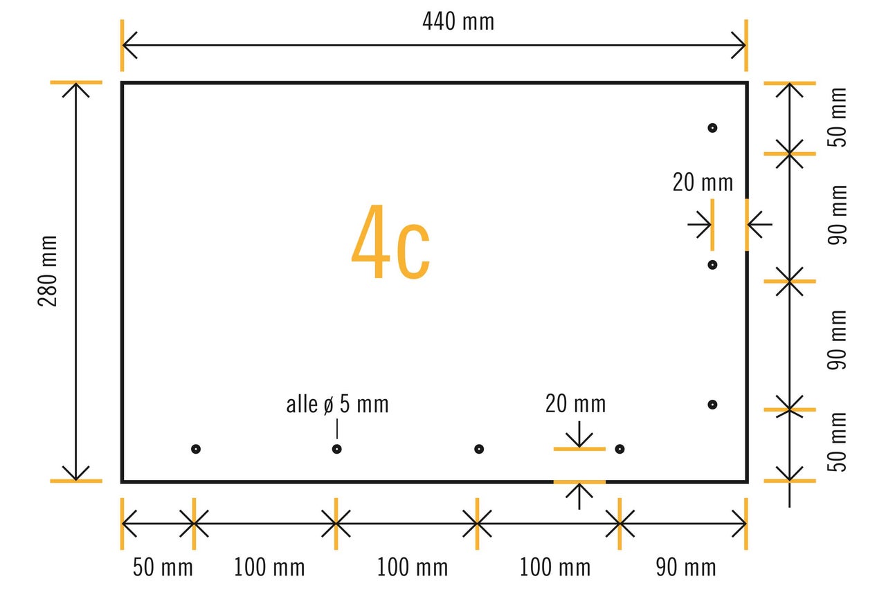 Dimensions du produit, longueur 440 mm, hauteur 280 mm