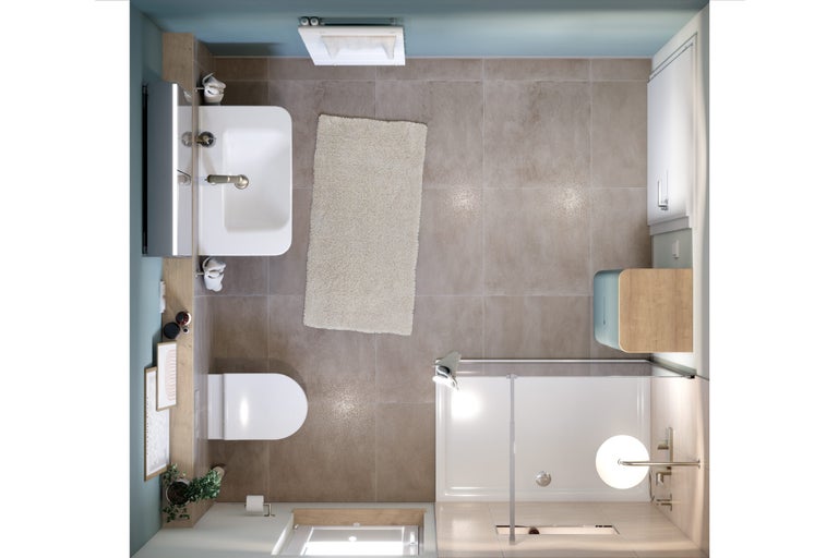 Draufsicht eines Badezimmers mit Waschbecken, Toilette, Badewanne und Badematte