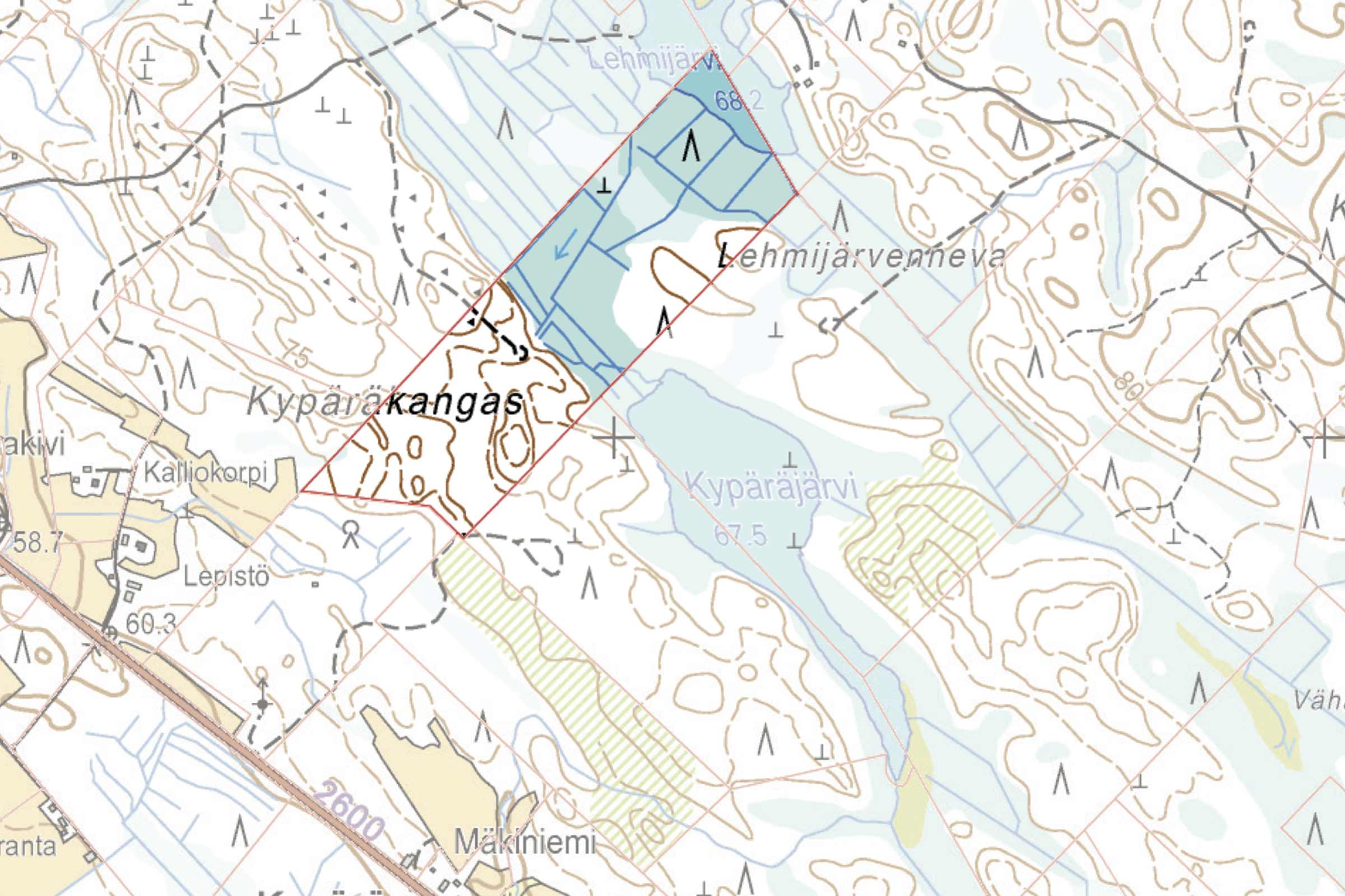 Carte topographique avec les formes du terrain, les étendues d'eau et les noms de lieux