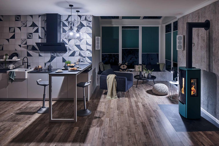 Espace de vie avec kitchenette, coin salon, cheminée et parquet