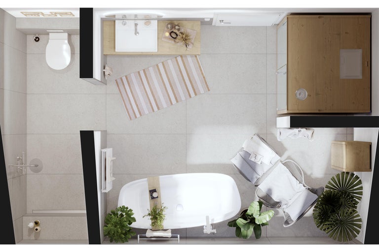 Vue de dessus d'une salle de bains avec toilettes, lavabo, baignoire et douche.