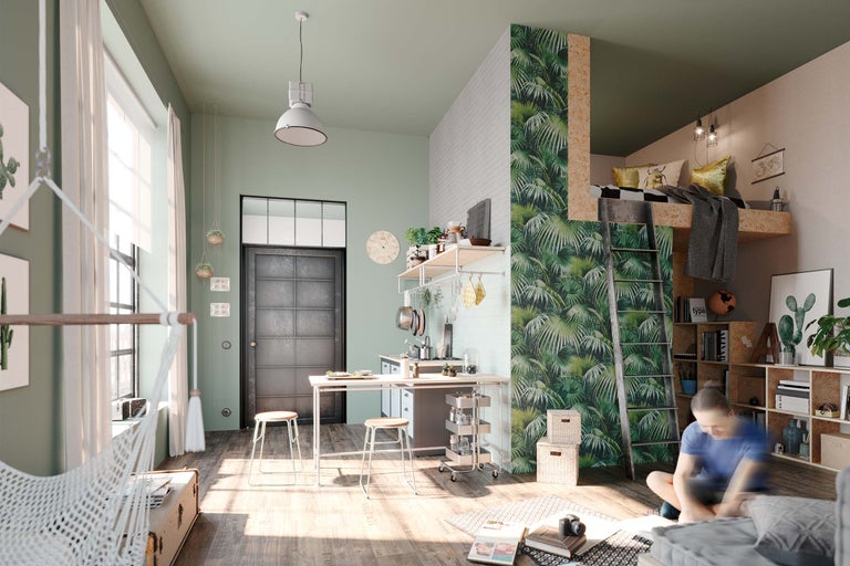 Salon lumineux avec lit mezzanine, échelle, hamac et kitchenette