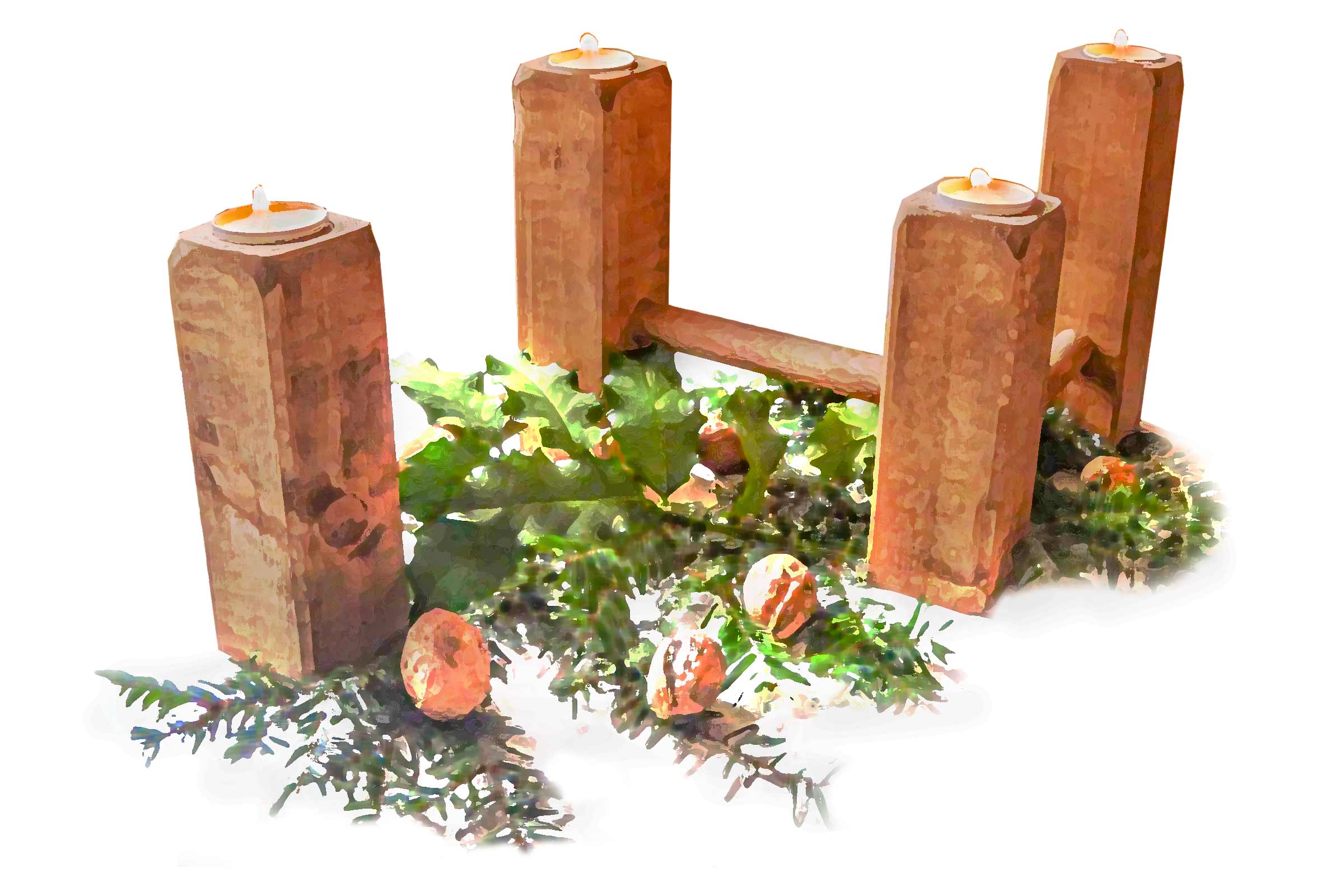Couronne de l'Avent avec quatre bougies et des branches de sapin comme décoration de table