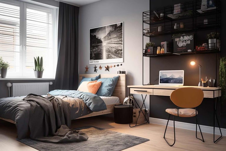 Une chambre avec un lit, un bureau, une chaise et des étagères.