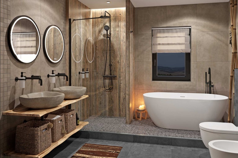 Salle de bains rustique moderne avec vasques en pierre sur étagères en bois, miroirs LED ronds, douche à l'italienne et baignoire îlot.