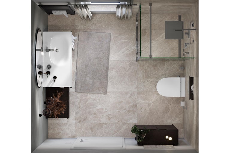 Draufsicht eines Badezimmers mit Badewanne, Dusche, Toilette und Waschtisch