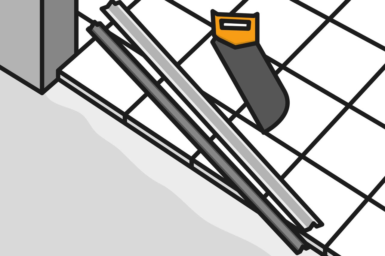 Illustration von Fliesenschienen und einer Handsäge auf Fliesen