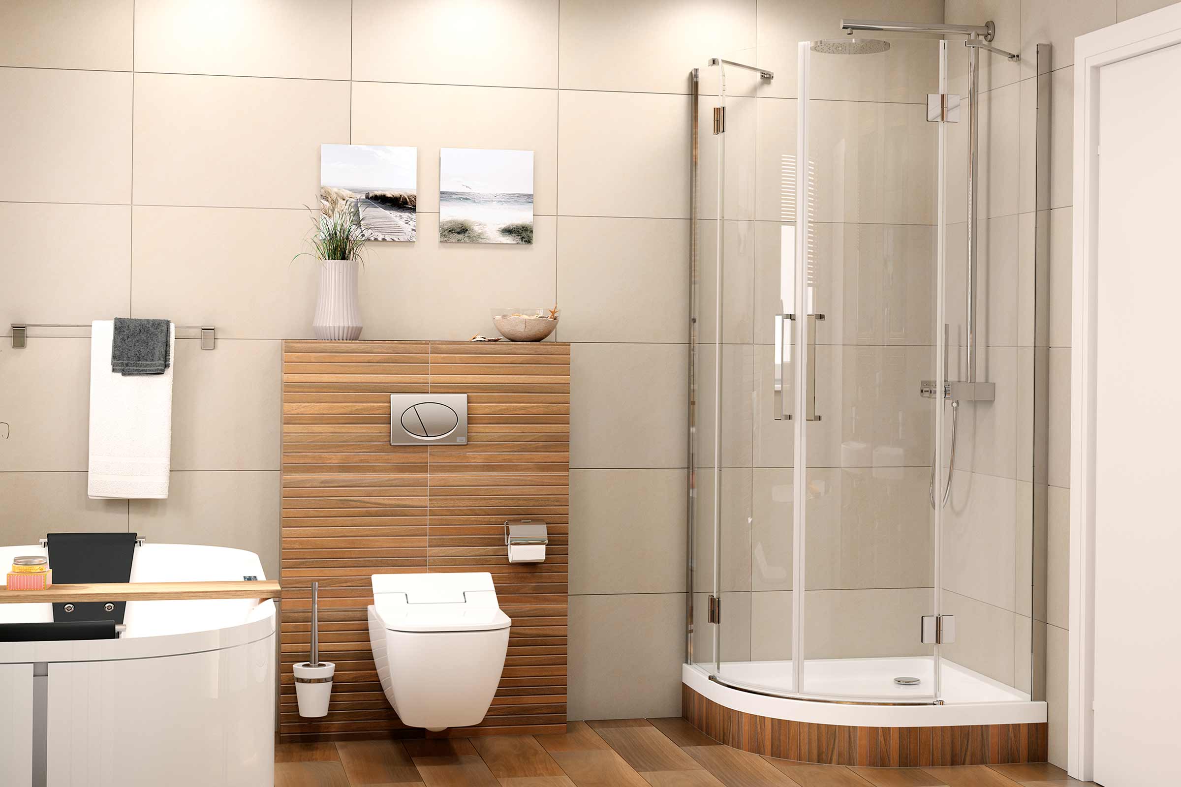 Modernes Badezimmer mit Dusche, Toilette, Badewanne und Fliesen in Beige und Braun