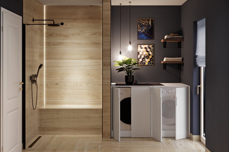 Salle de bains moderne et organisee avec douche de style italien aspect bois, robinetterie noire et meuble blanc pour lave-linge.