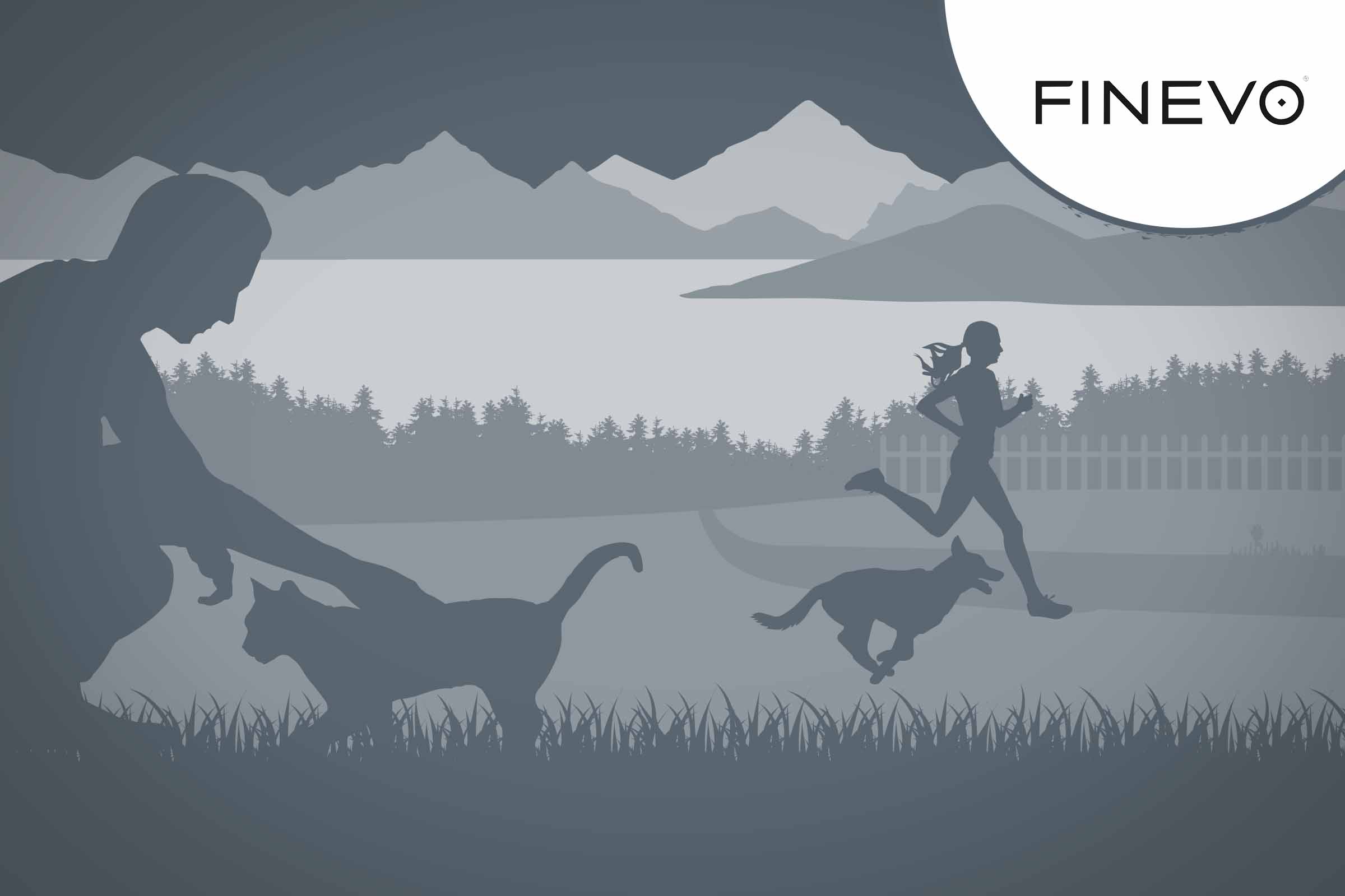 Finevo Logo mit Silhouette von Person, die Katze streichelt, Katze, Frau, die mit Hund rennt, See und Bergen
