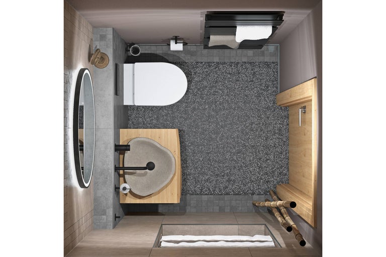 Vue plongeante d'une salle de bains avec WC, lavabo, miroir et sèche-serviettes