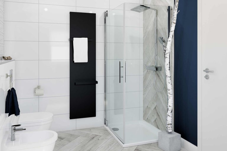 Modernes Badezimmer mit Dusche, Handtuchheizkörper und Sanitärobjekten