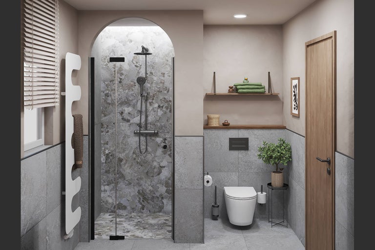 Modernes Badezimmer mit Rundbogendusche, Wand-WC, weissem Designheizkörper und grossformatigen Fliesen in Steinoptik.