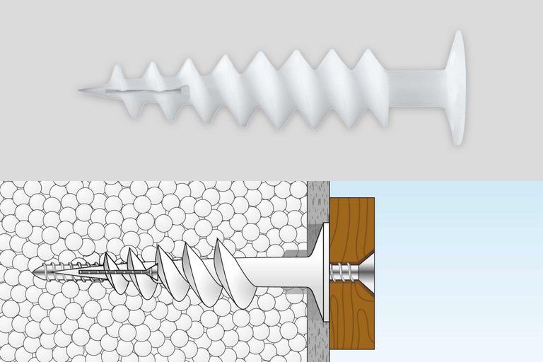 Cheville à expansion en plastique avec vis et schéma de montage